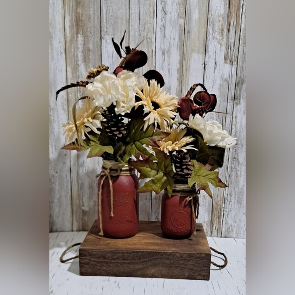 Artificial Floral Flower Mason Jar Arrangement Display Centerpiece Rustic County